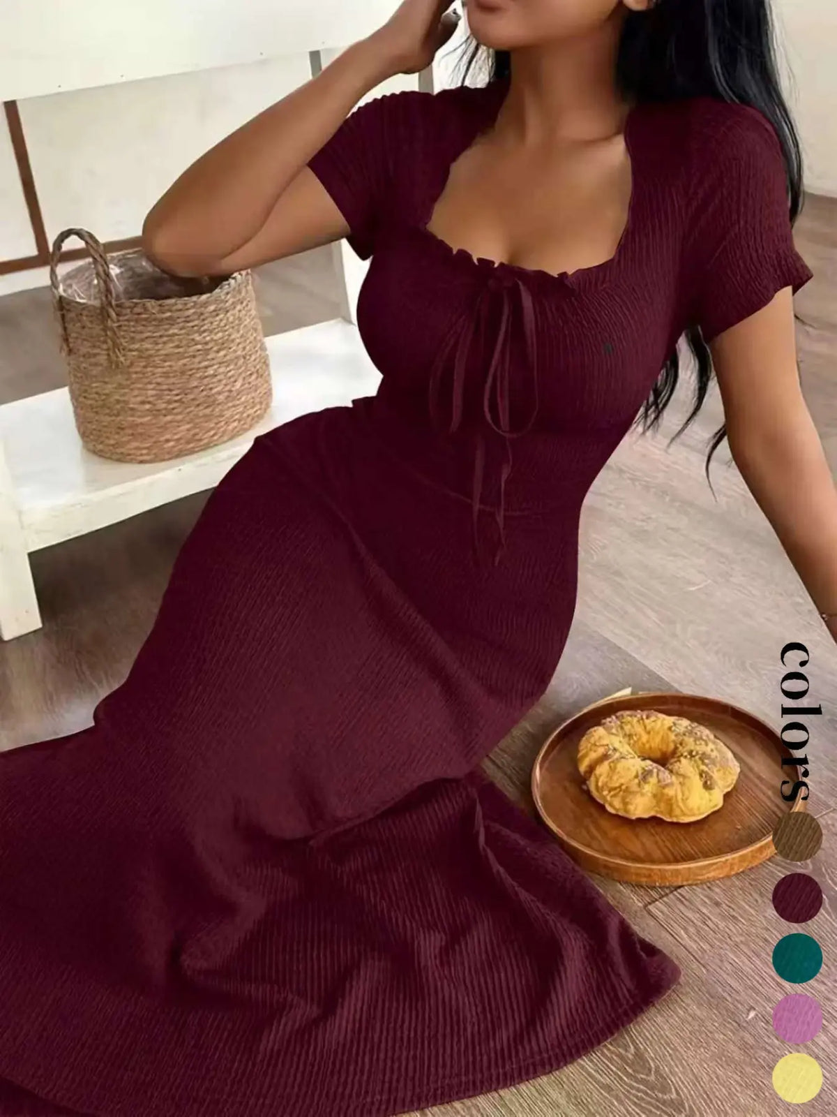 Women's Casual Long Dress Ruched, Slim Fit Short Sleeves Square Neckline Plain Design Basic Summer Dresses, Perfect for Daily Wear & Stylish, Ideal Gift Choice Womenswear Lady, Piece