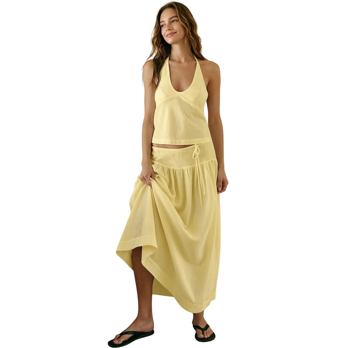 YeeZaa 2 Piece Linen Skirt Set for Women 85%Cotton & 15%Linen Summer Outfits Sandshell Linen Skirt Set Sleeveless Halter Open Back Top Maxi Skirt Two Piece Sets with Pockets Cotton Blend Resort Vacation Casual Beach Travel Wear