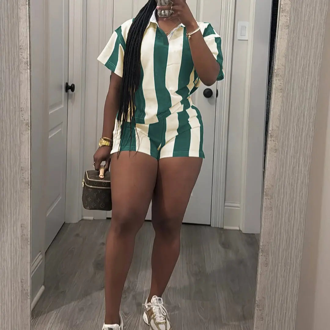 USBOUTIQUE CHIC Women's 2026 Spring Two Piece Set Striped Short Sleeve Top & Drawstring Shorts Casual Outfit for Comfort