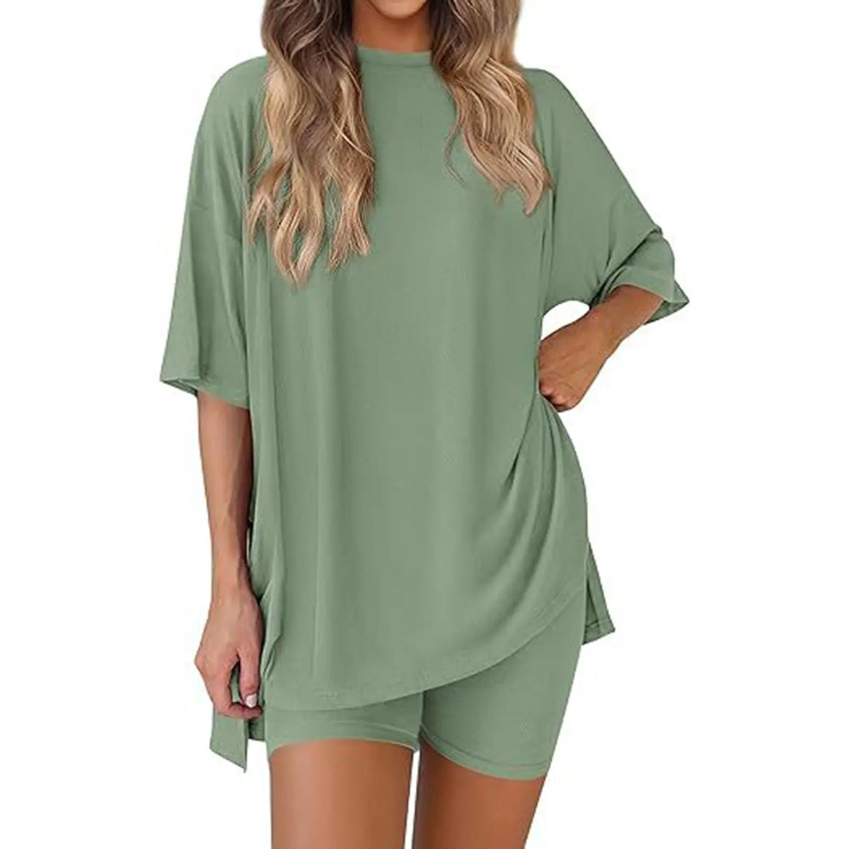Women's 2-Piece Pajama Set, Loose-Fit Short Sleeve Crew Neck Top and Fitted Biker Shorts, Solid Color Polyester Spandex Loungewear
