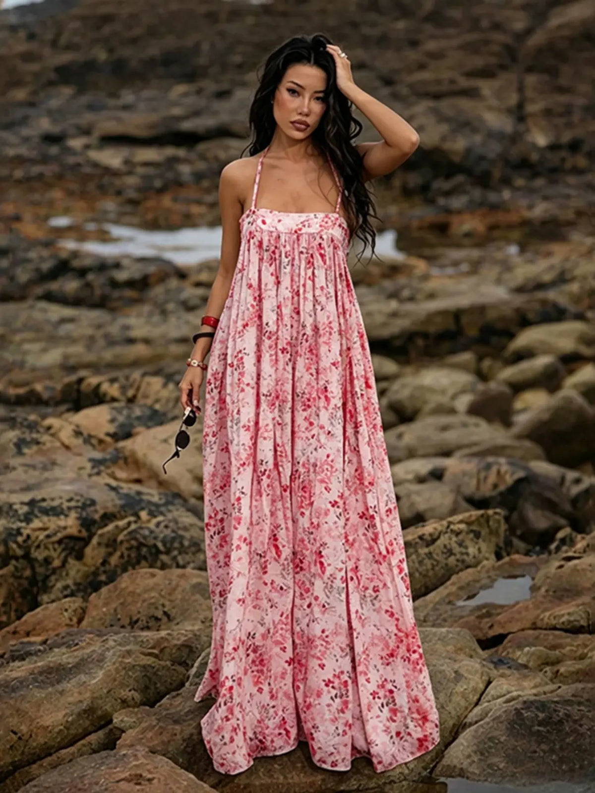 Women's Four-Season Loose-Fit Long Dress, Ditsy Floral Print Style, Ideal for Daily Wear and Vacation, Comfortable and Stylish, Floral Print Dresses