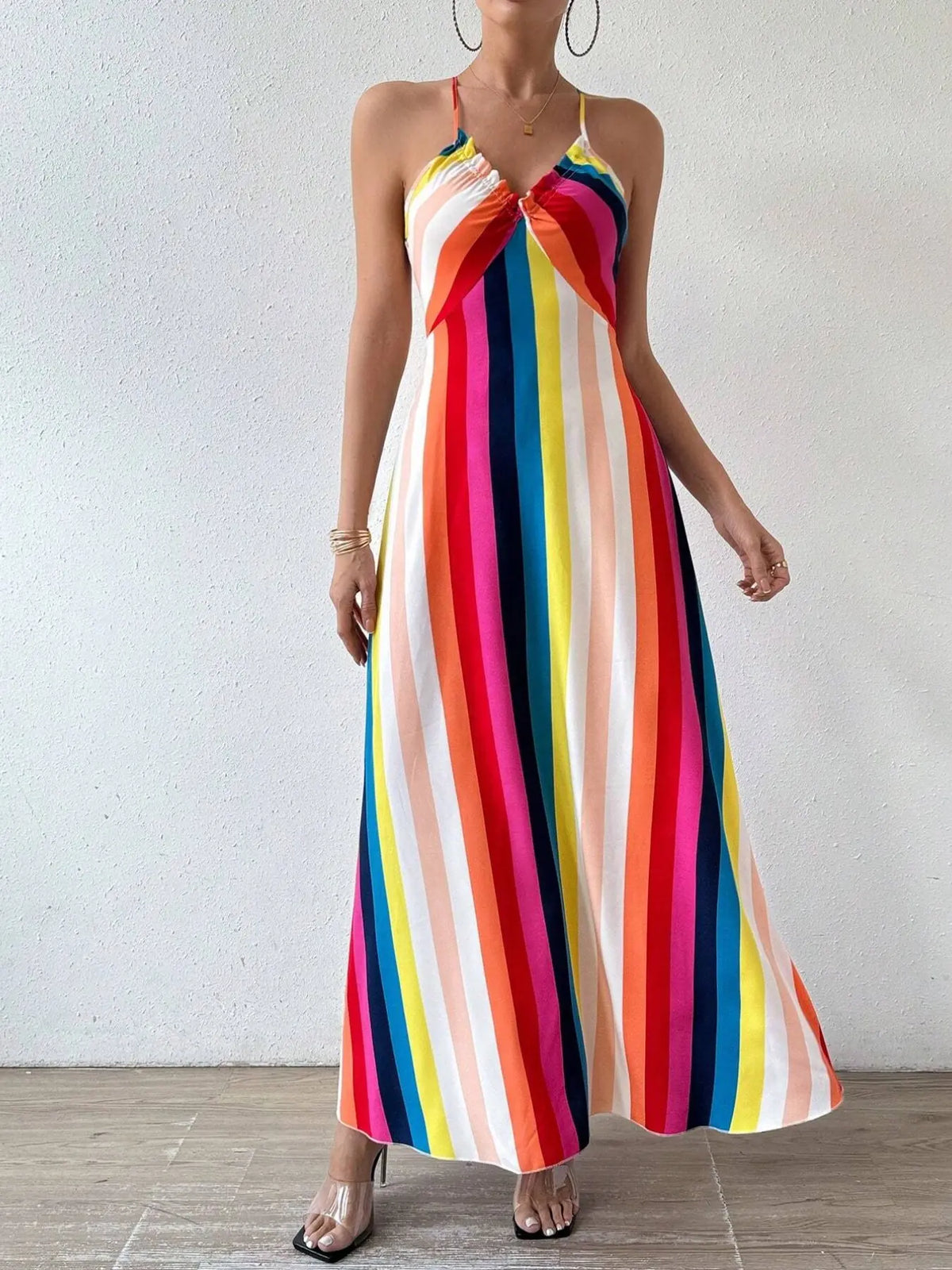 Women's Printed Split Long Sleeveless Dress, Classic Stripe Design, Backless Criss Cross Strap, Spring Summer Fall Wear, Casual Boho Elegant Bohemian Style Womenswear, Boho Summer Dresses