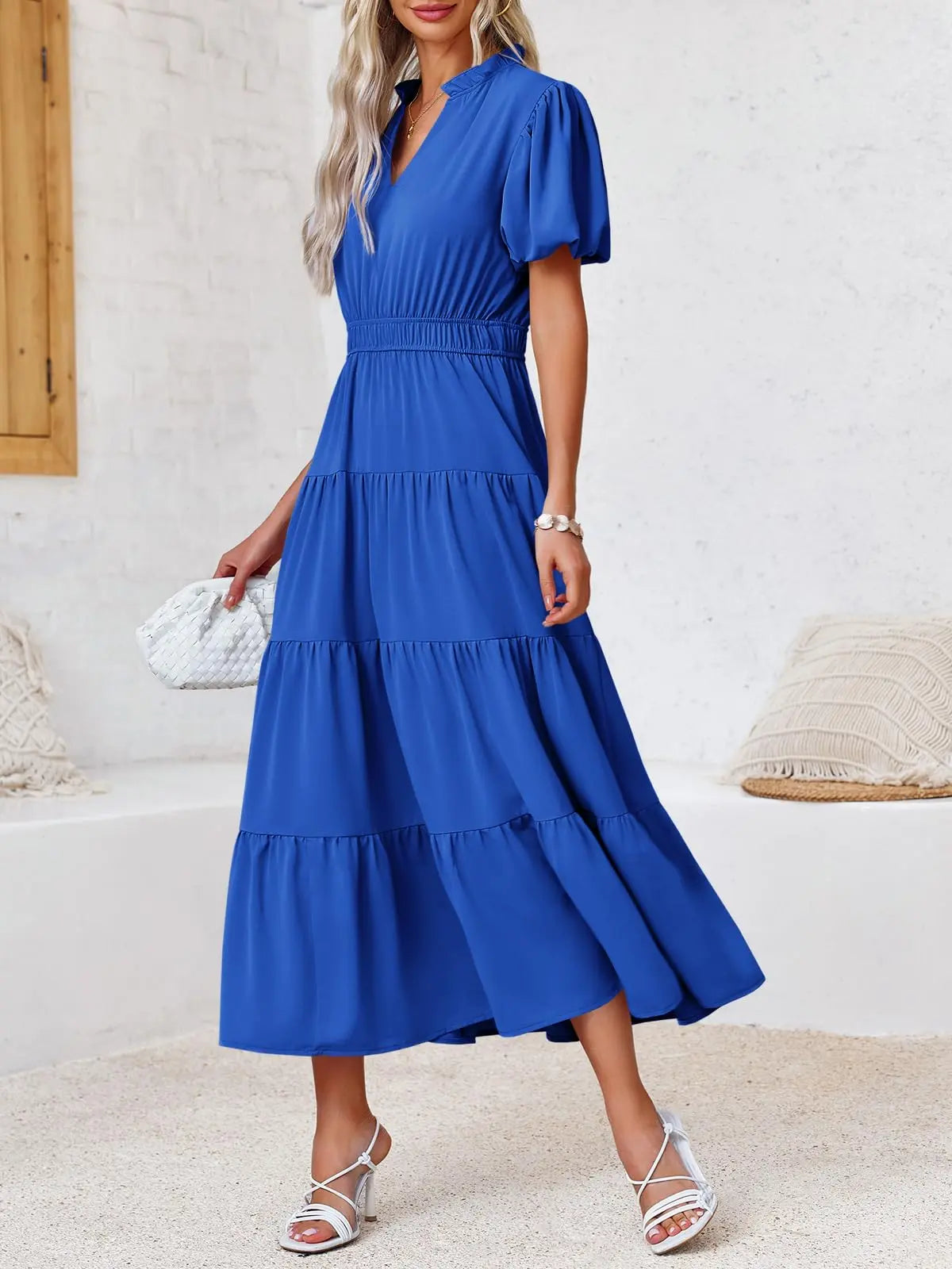 Wenrine Women's Woven Casual Summer Dress - Deep V-Neck, Puff Short-Sleeves, Elastic, Comfortable, Flowy Tiered A-Line Midi, Beach Wear