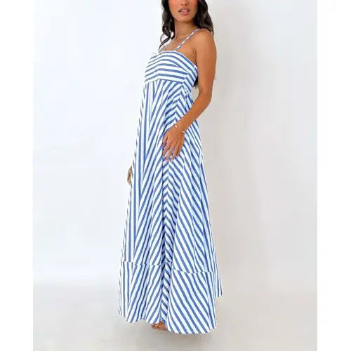 Chouyatou Women's Summer Striped Spaghetti Strap Maxi Dress Bohemian Style Casual Backless Elastic Dress Thin Strap Loose Long Dress