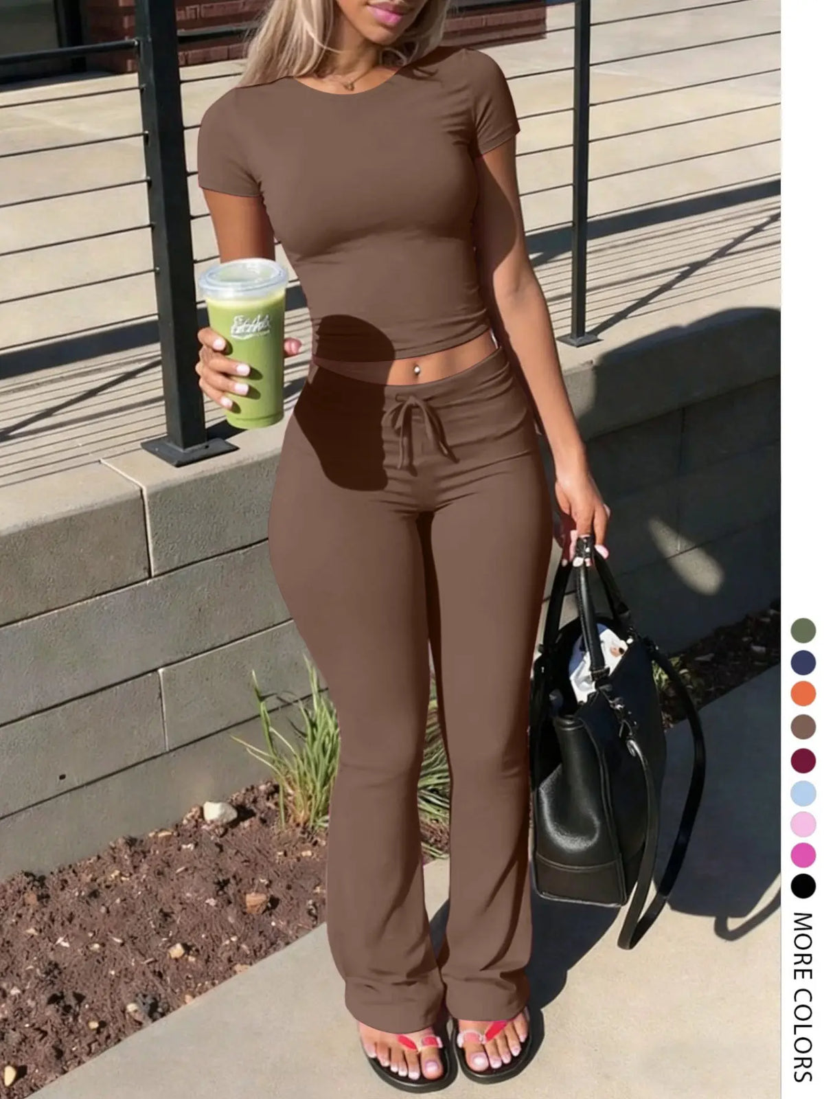 Lw-Sherowear Women's Casual Solid-Color Round-Neck Short-Sleeve T-Shirt & Drawstring Pants Set, Summer Homewear, Daily Wear Set