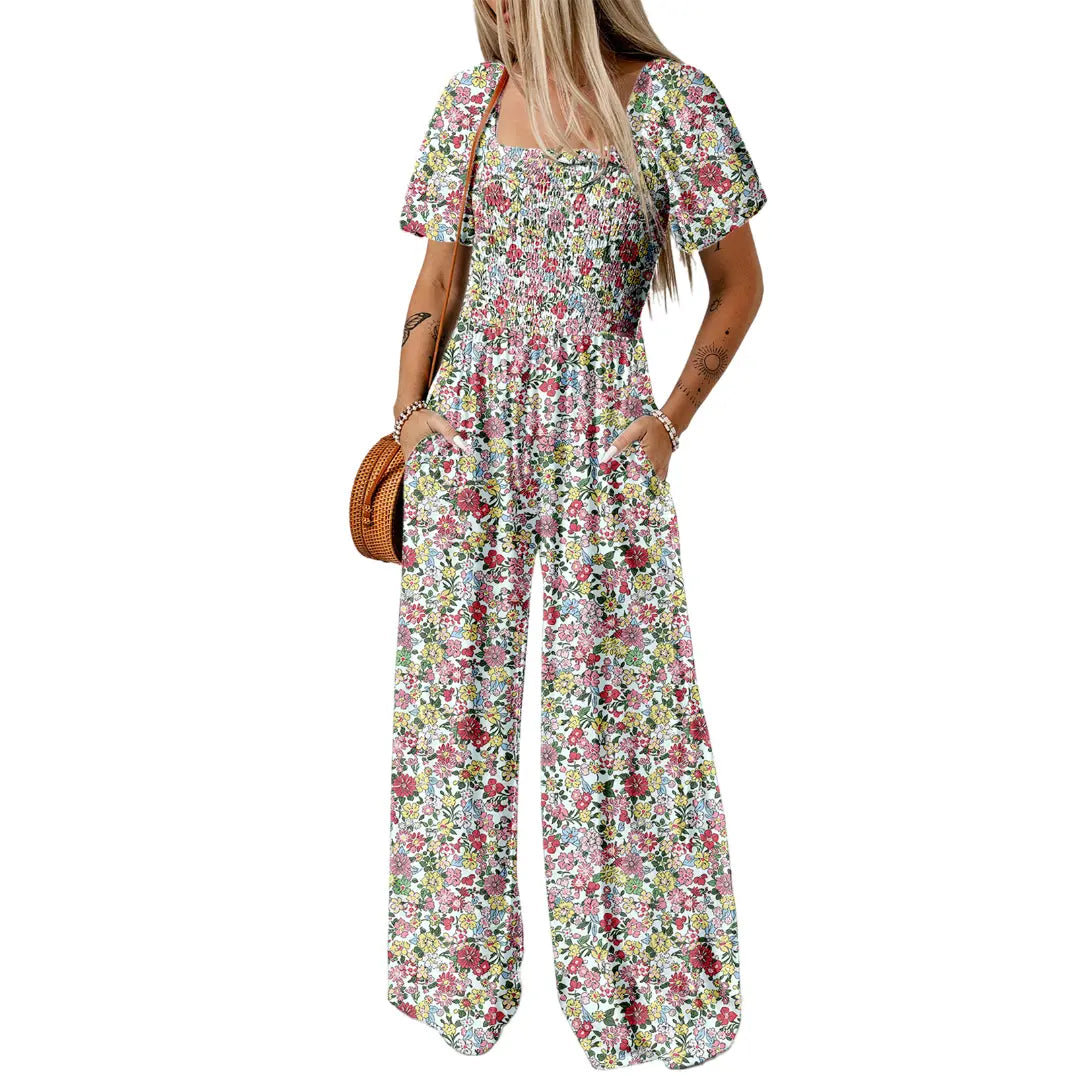 Dokotoo Square Neckline Stretch Waistband Printed Jumpsuit - Womenswear Casual Chic Comfortable Summer Boho