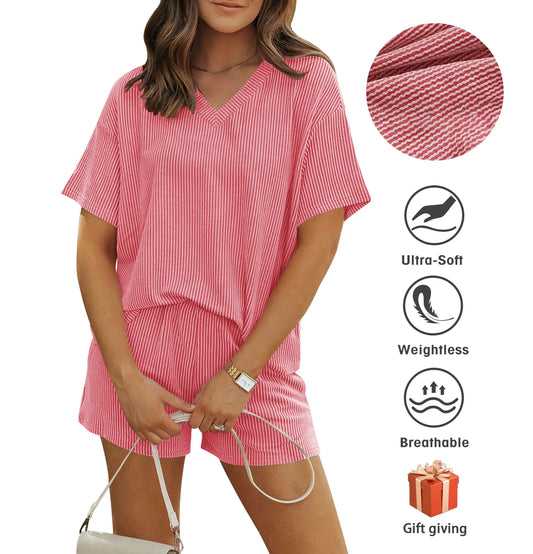 Women’s Ribbed 2 Piece Lounge Set Short Sleeve Top & Shorts Matching Set for Casual Summer Outfits Soft Knit Fabric with Pockets SummerVibes Womenswear Clothes, Women's Clothes, 2 Piece Sets, Loose, Everyday ,Suits