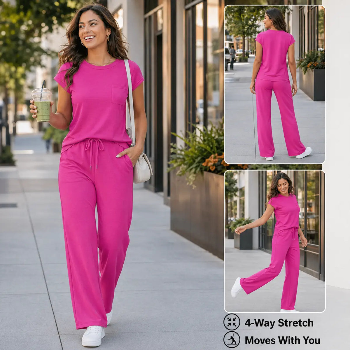 OFEEFAN Womenswear 2 Piece Sets for Women Casual Summer Travel Vacation Outfits Cap Sleeve Lounge Set Chic Crewneck Soft Silky Breathable Clothes