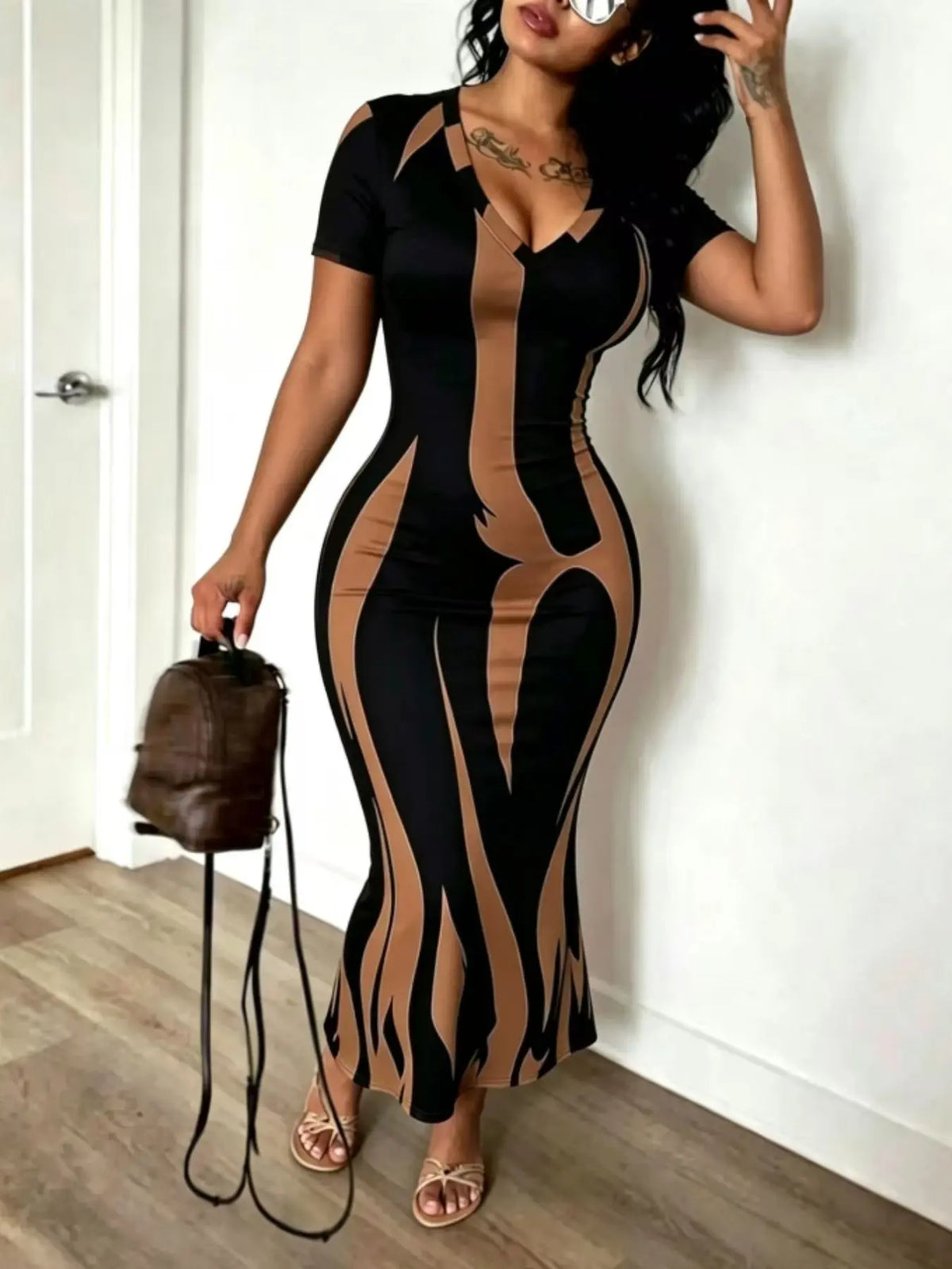 Women's Fashion Slim-Fit Printed Unlined Short-Sleeve Bodycon Floor Length Long Dress, Elegant All-Over Print, All-Season Wear