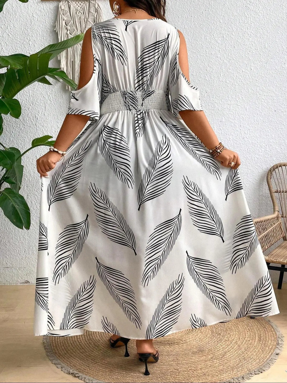 【Plus Size】 All Over Print Split Hem Dress, Casual Boho Chic Cold Shoulder Dress for Summer, Women's Clothes for Daily Wear, Bohemian Style Dresses #GLOBAL PICKS