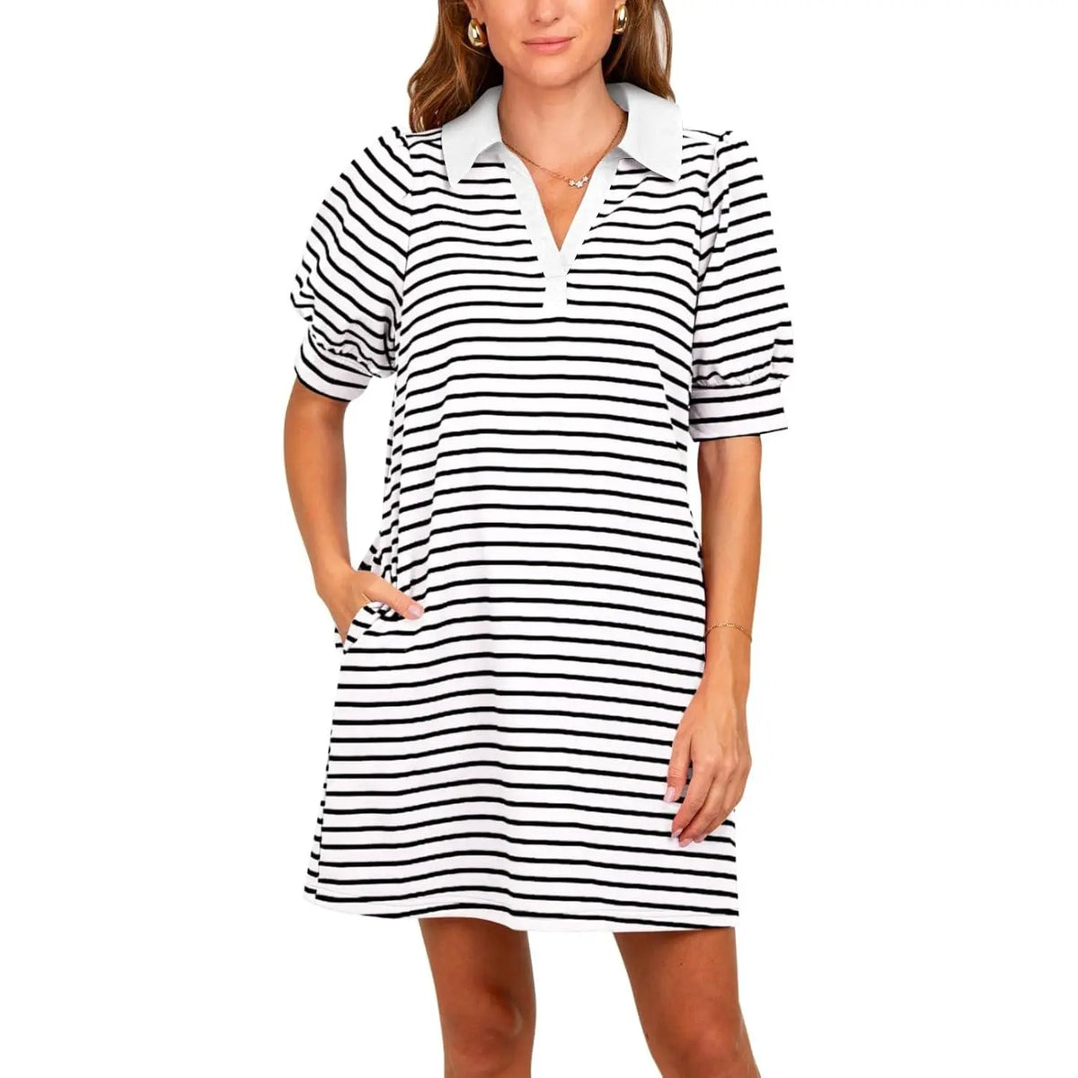 Imily Bela Women's Summer Lapel Collared V Neck Striped Dress Casual Puff Short Sleeve Polo Tshirt Dresses with Pockets