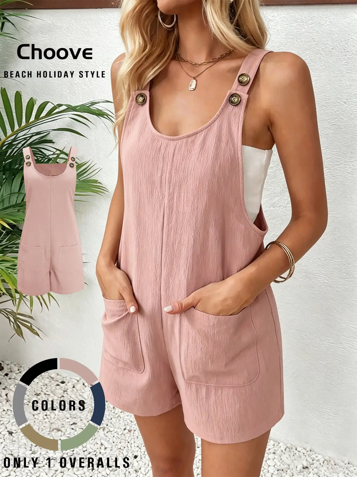 Women's Casual Basic Plain Minimalist Sleeveless Strappy Fashion Casual Overalls with Adjustable Buttons and Two Patch Pockets, Short Fitted Design, Perfect for Daily Wear and Beach Holidays, Womenswear