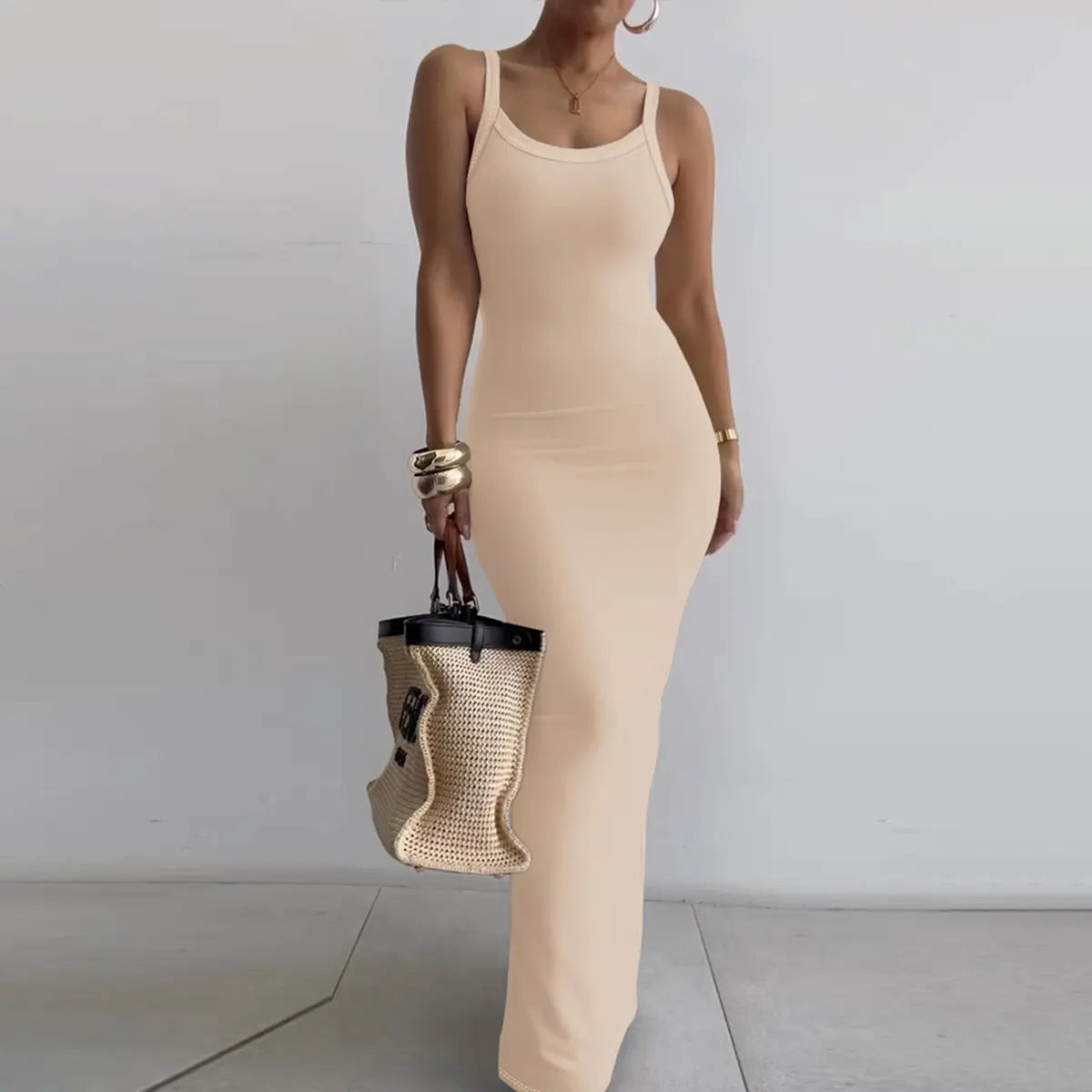 CHICME Women Spaghetti Strap U-Neck Casual Maxi Dresses Slim Fit Cami Dress/Elegant Solid Color Cami Lounge Dress Party Club  Bodycon Dress