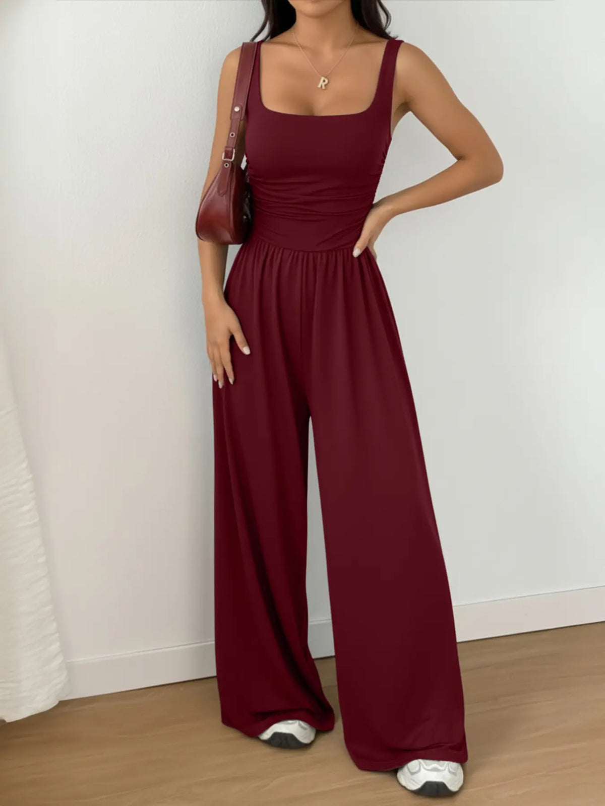 Women's Casual Fit Knitted Solid Square-Neck Jumpsuit, Basic, Fashionable, Comfortable, Soft and Versatile Wide-Leg Jumpsuit, Everyday Womenswear