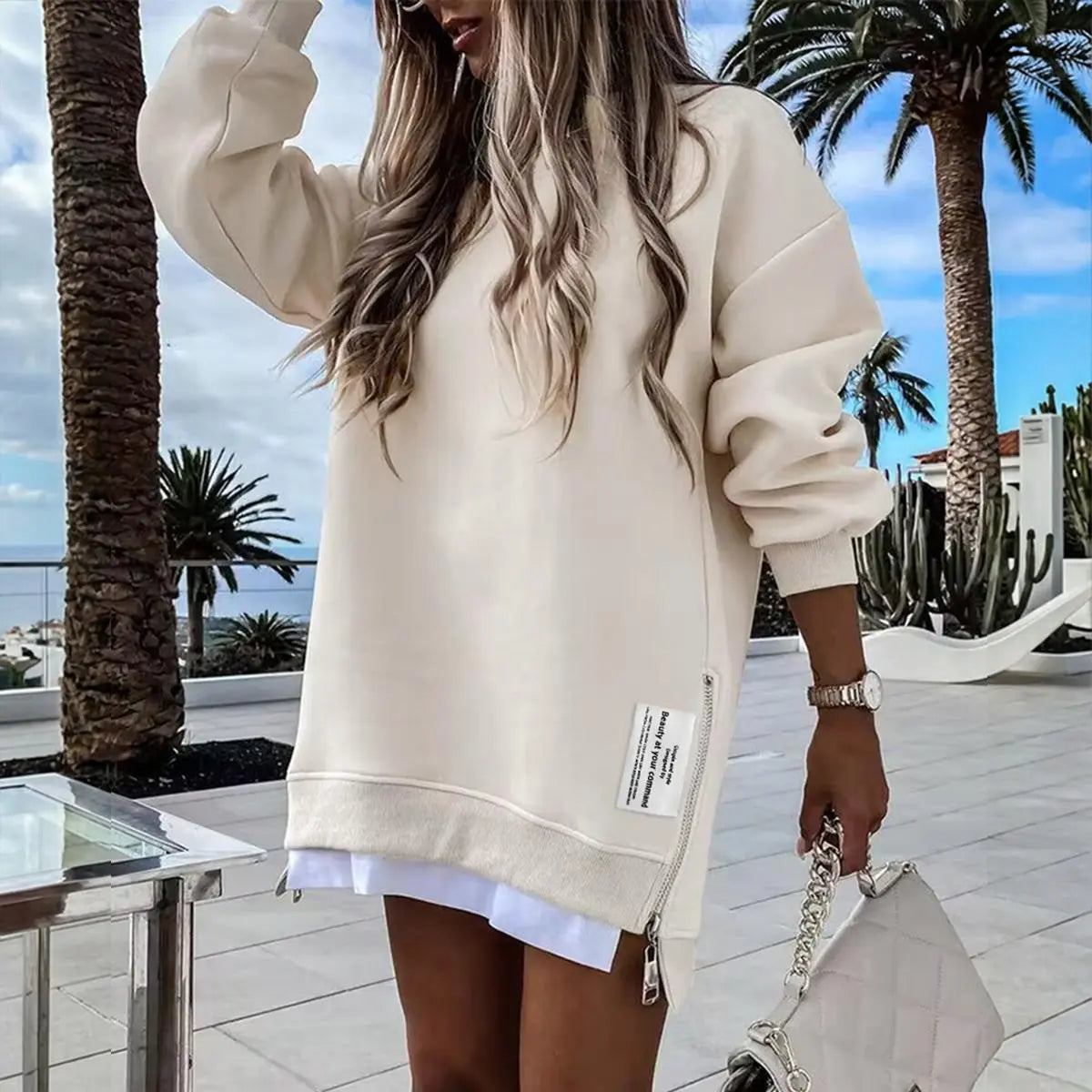 CHICME 2026 Women's Oversized Fall Long Sleeve Pullover Sweatshirt Zipper Slit Casual Dress Drop Shoulder Outfits
