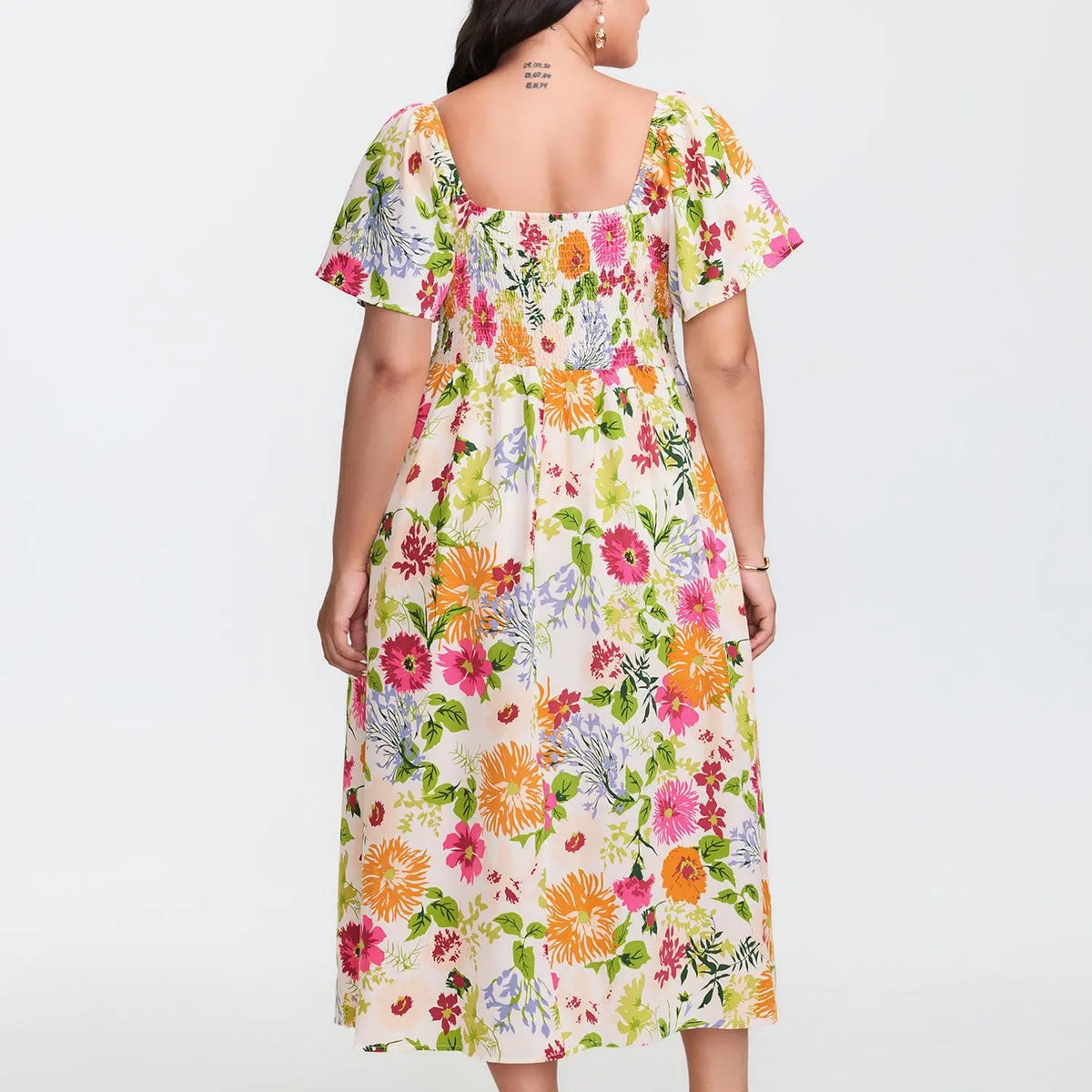BloomChic Plus Size Women's Bohemian Boho Fashion Casual Dress - Square Neck, Short Ruffle Sleeves, Shirred Waist, Low-Iron Spandex-Elastane-Polyester Fabric, Summer Midi Dress