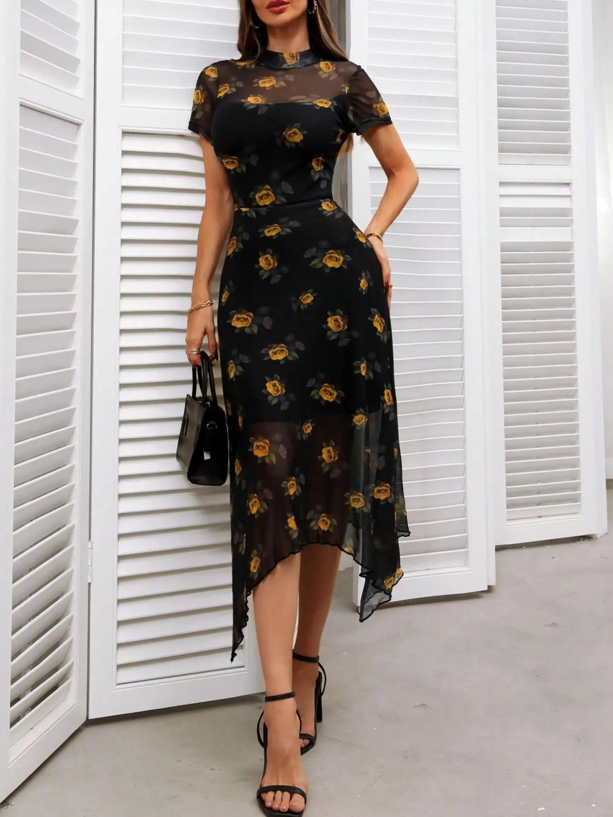 Women's Floral Rose Print Contrast Mesh Dress, Summer Dresses, Boho Floral Printed Casual Fitted Lettuce Trim Asymmetrical Hem A-Line Dress for Summer Beach and Holiday, Ladies Clothes for All Seasons, Womenswear #GLOBAL PICKS