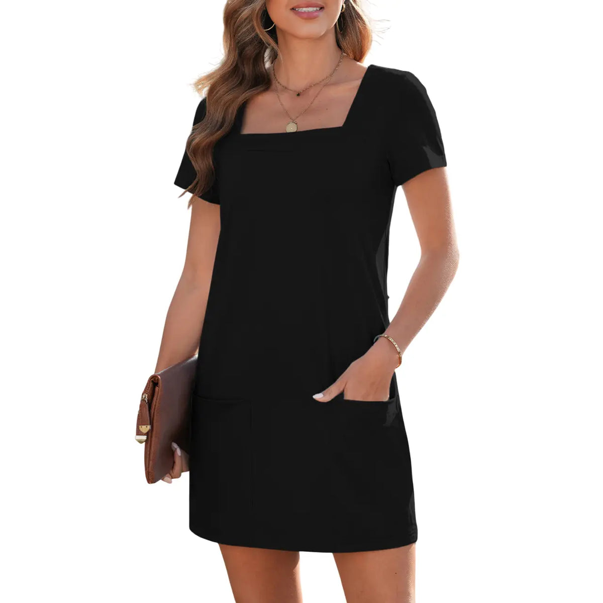 EVALESS Women's Casual Align Mini Dress - Stretchy Polyester Square Neck Shortsleeve Loose Basic Summer Outfit with Pockets, Anti-Shrink, Back to School, Women's Clothes