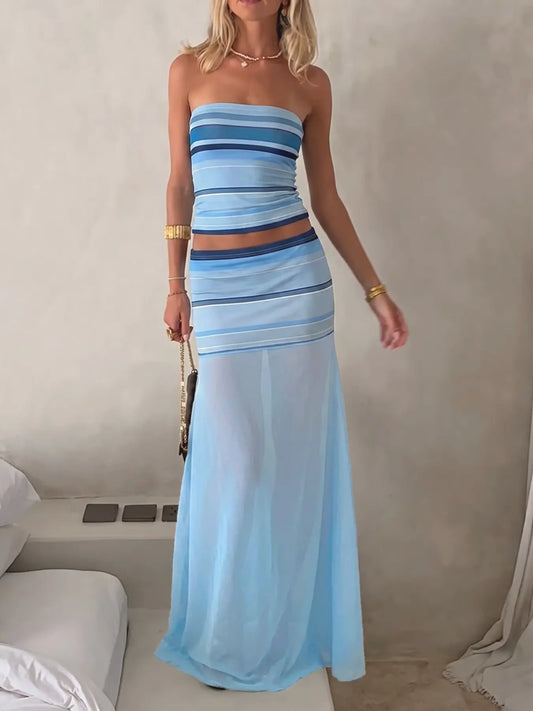 Women's Two-Piece Set, Fashion Striped Strapless Crop Top and High Waist Skirt, Sleeveless Slim-Fit Casual Matching Set Summer for Summer Daily Wear