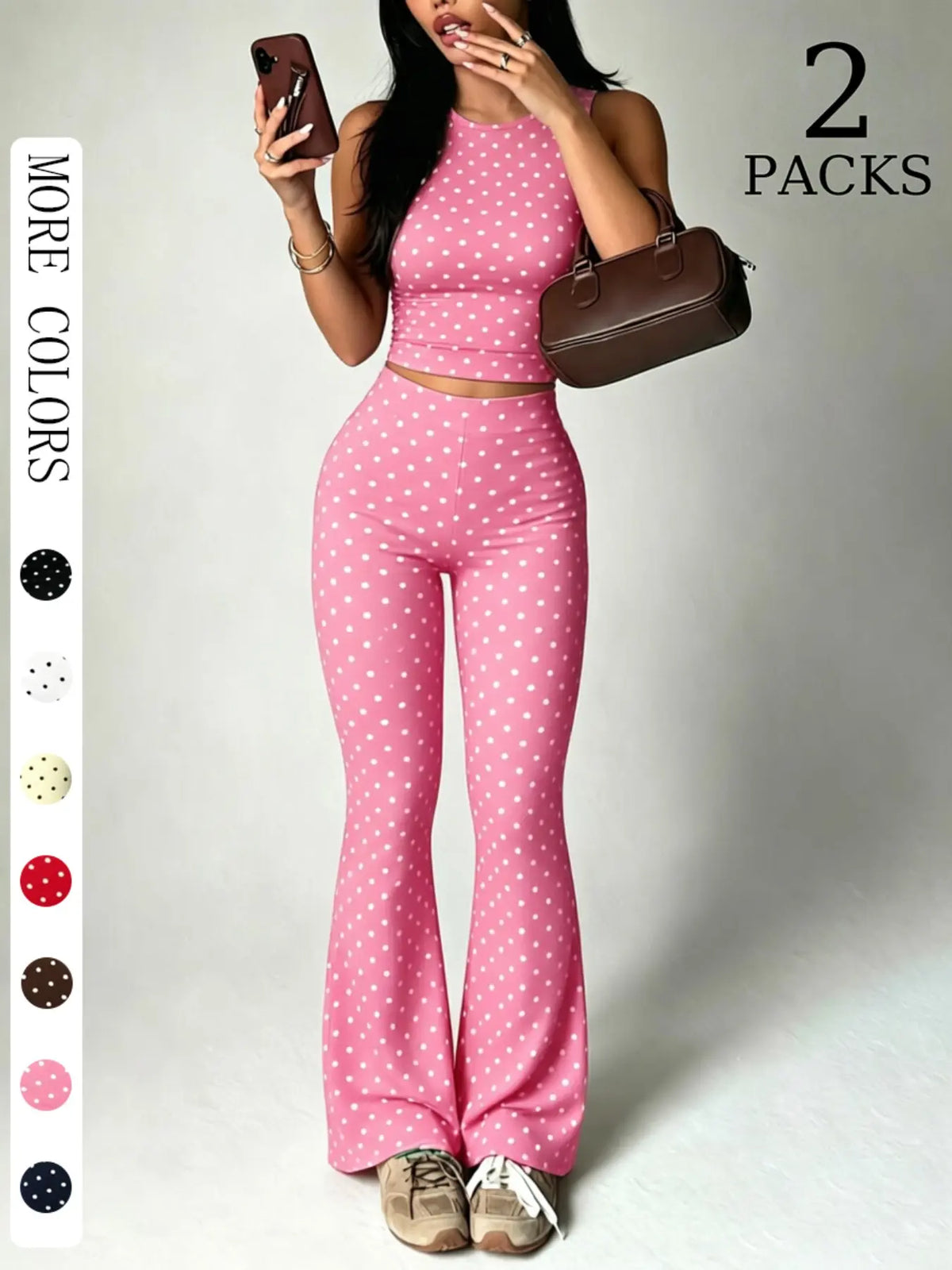 2 Pack Women Polka Dot 2 Piece Outfits, Sleeveless High Neck Crop Top and Flare Leggings Set, Seamless Bodycon Bell Bottom Pants, Trendy Summer Streetwear Outfits, Slim Fit Casual Loungewear for Daily Wear & Going Out Clothes