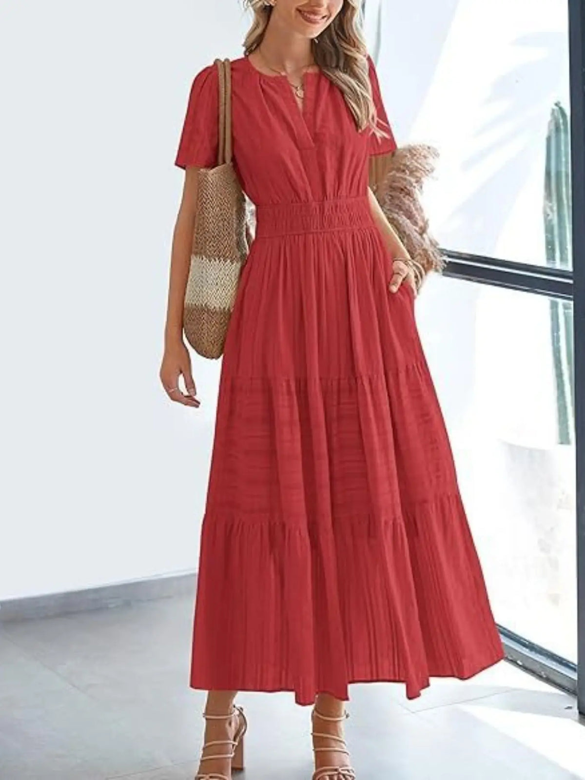 Women's Summer Solid Color Casual Long Dress, Lightweight Short Sleeve V-Neck Bohemian Style with Lining, Comfortable, Chic, Stylish and Elegant, Bohemian Aesthetic