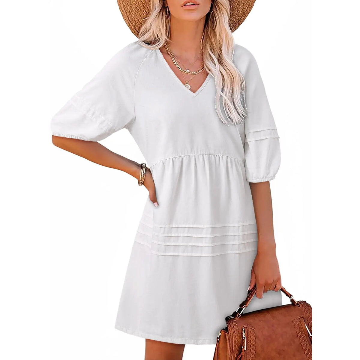 Dokotoo Denim Dress for Women Casual V Neck Puff Short Sleeve Mini Jean Dress Cute Back Tie Summer Dresses