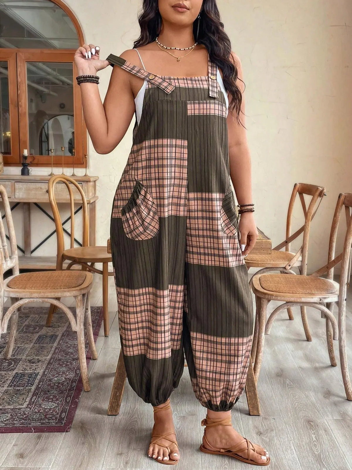 [Plus Size] Geometric Fitted Overalls Jumpsuit, Casual Comfy Sleeveless Jumpsuit for Daily Wear, Women's Plus Womenswear Clothing for All Seasons, Overall Jumpsuits