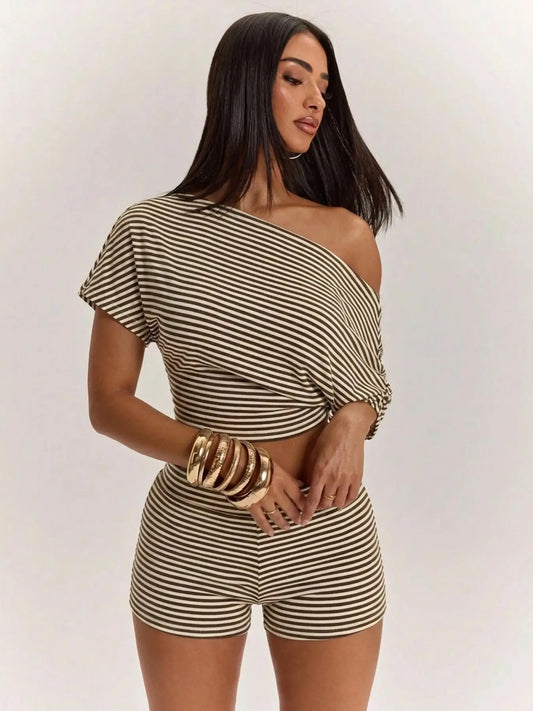 Y2K Striped Off-Shoulder Two-Piece Set for Z Generation Women, Knit Design, Casual Summer, Comfortable Daily Wear, Clothing Sets