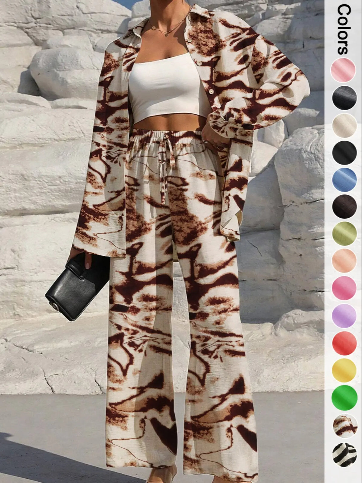 Women's Solid Button Front Shirt & Tie Front Wide Leg Pants Two-piece Set, Casual Drop Shoulder Long Sleeve Top & Trousers 2 Piece Set for Spring & Fall, Women's Clothes for Daily Wear, Casual Outfits Women, Casual Everyday Set