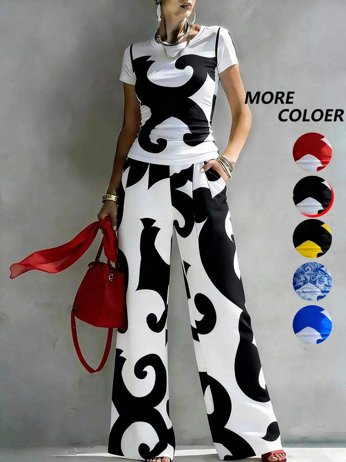 Women's Casual Two-Piece Set, Round Neck T-Shirt with Geometric Random Print, High-Waisted Pocket Wide Leg Pants, Urban Leisure, Matching, Casual Everyday Set