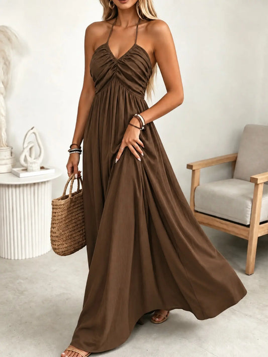 Women's A-Line Dress, Casual Long Dress, Sleeveless Halter Backless, Elegant Chic Tie Details, Elastic Waist, Boho Style, Bohemian, Casual, Summer Fashion, Perfect for Daily Wear