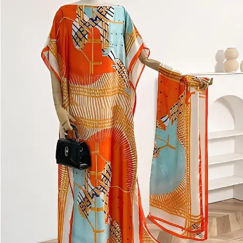 【MOOMOO】Women's Elegant Floral Print Polyester Moo Moo & Matching Scarf Set - Multicolor, Lightweight Boho Loose-Cut Cape Cover Up, Female Swimwear Accessory, 2-Scenario Use (Beach, Loungewear), All Seasons Casual, Fabric Style 03, Sohochic