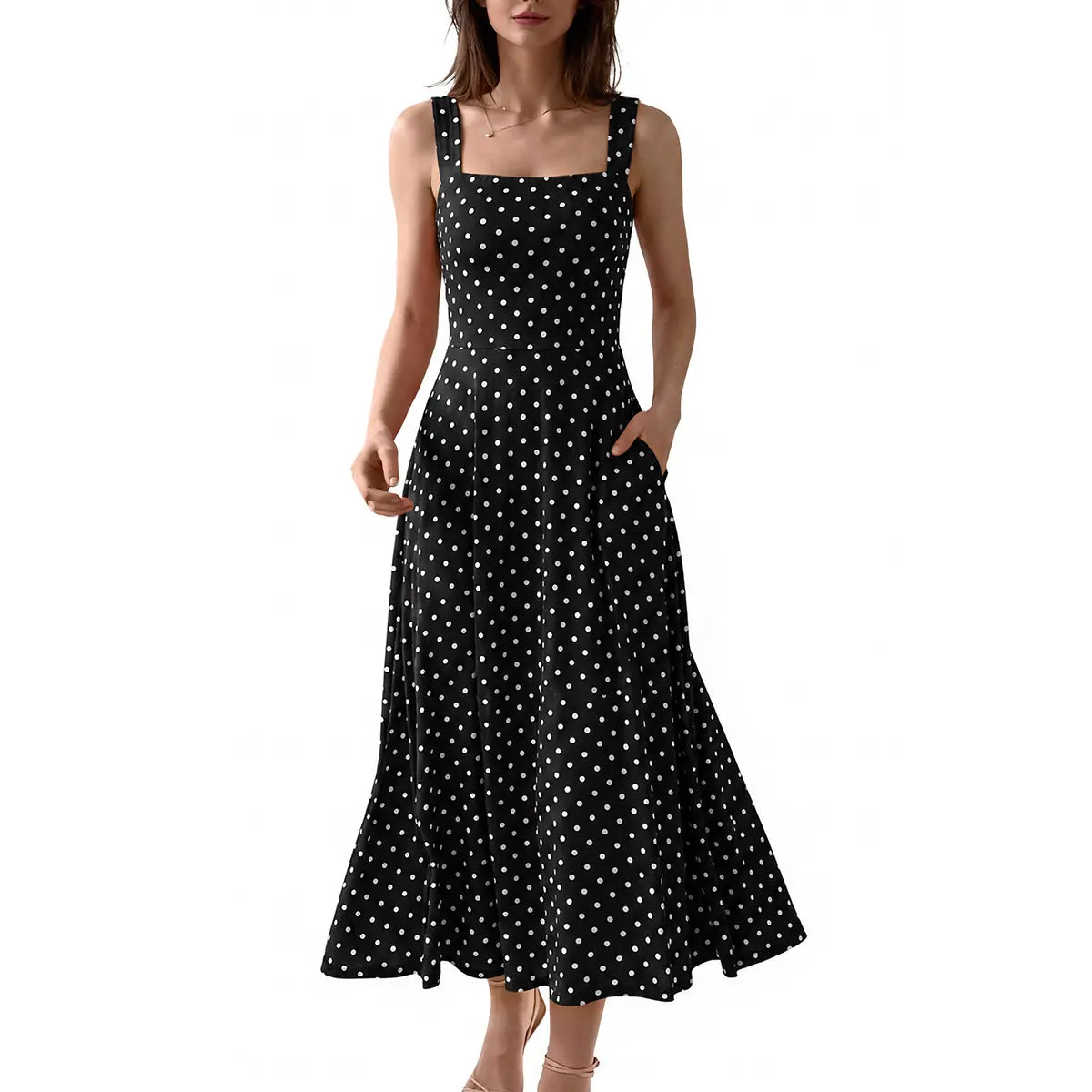 OYS Women's Casual Sleeveless Square Neck A-Line Solid Slim Flowy Long Dress with Pockets & Back Tie Detail Design