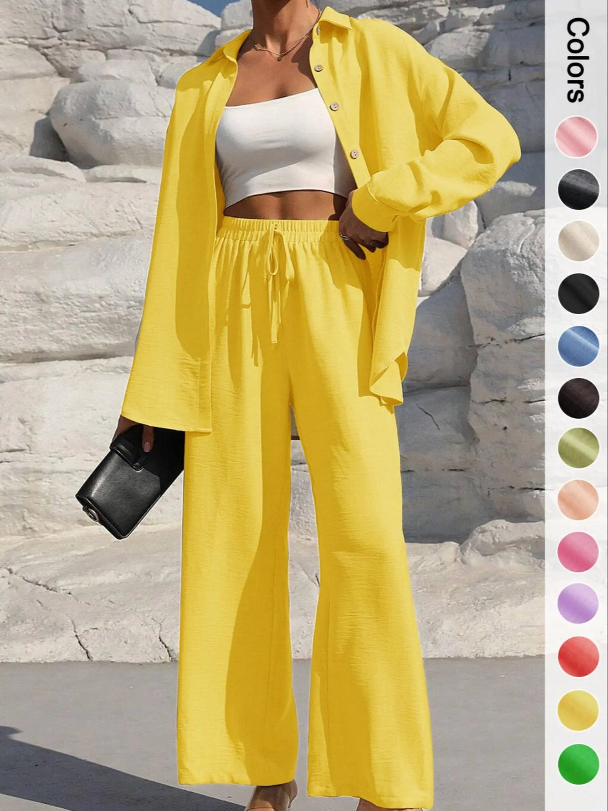 Women's Solid Button Front Shirt & Tie Front Wide Leg Pants Two-piece Set, Casual Drop Shoulder Long Sleeve Top & Trousers 2 Piece Set for Spring & Fall, Women's Clothes for Daily Wear, Casual Outfits Women, Casual Everyday Set