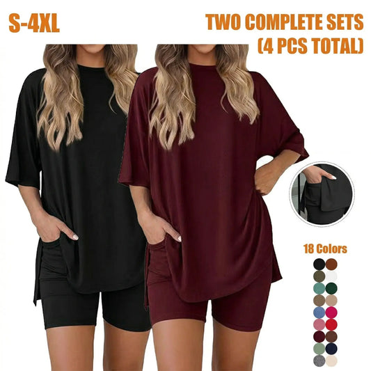 Women's 2-Piece Pajama Set, Loose-Fit Short Sleeve Crew Neck Top and Fitted Biker Shorts, Solid Color Polyester Spandex Loungewear