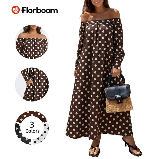 Florboom Women's Off Shoulder  Polka Dot Maxi Dress, Summer Causual Dress with Pockets for Vacation, Parties, and Beach,Summervibes Womenswear