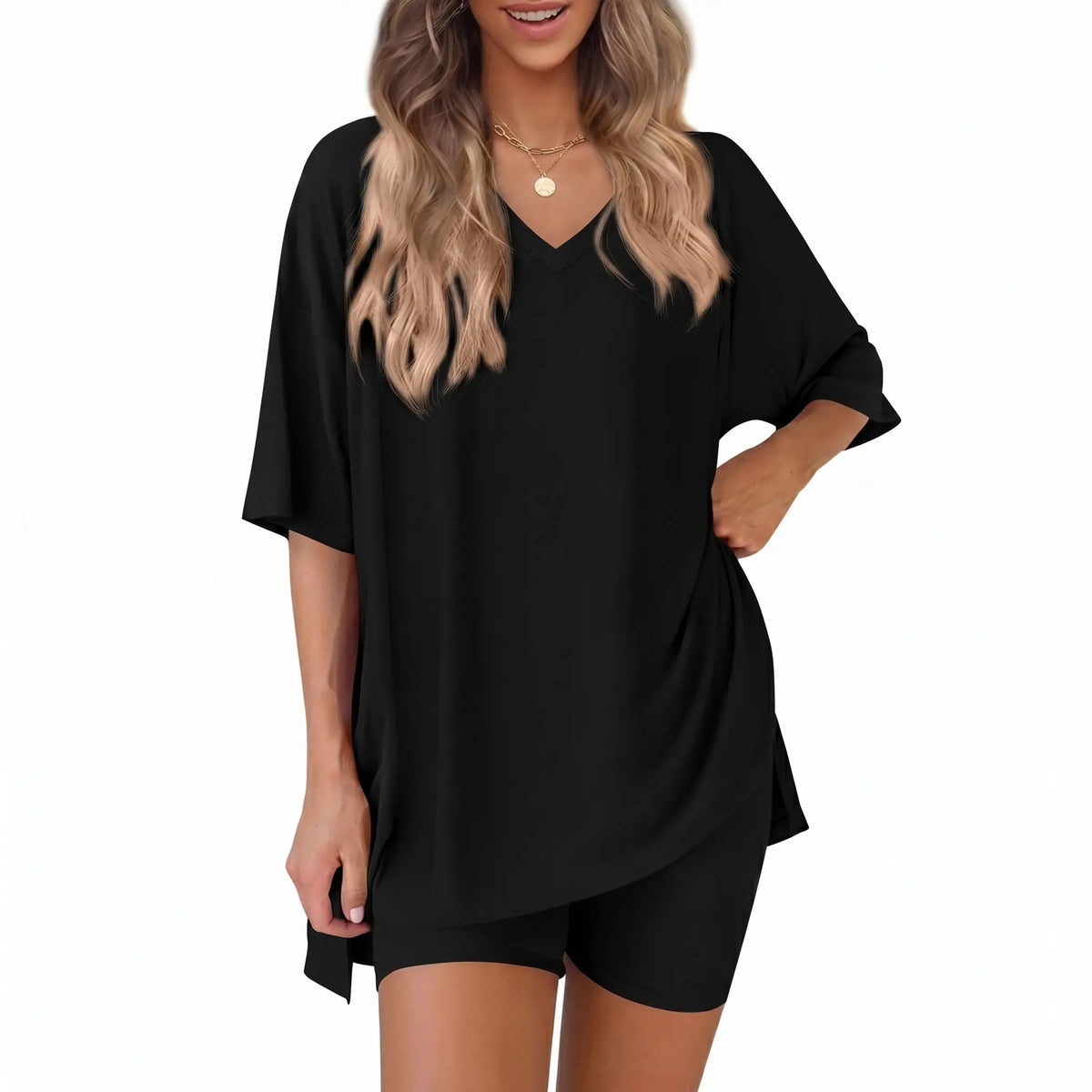 Women's 2 Piece Outfits Summer V Neck Oversized Short Sleeve T Shirt and Biker Shorts Lounge Sets Casual Activewear Tracksuits