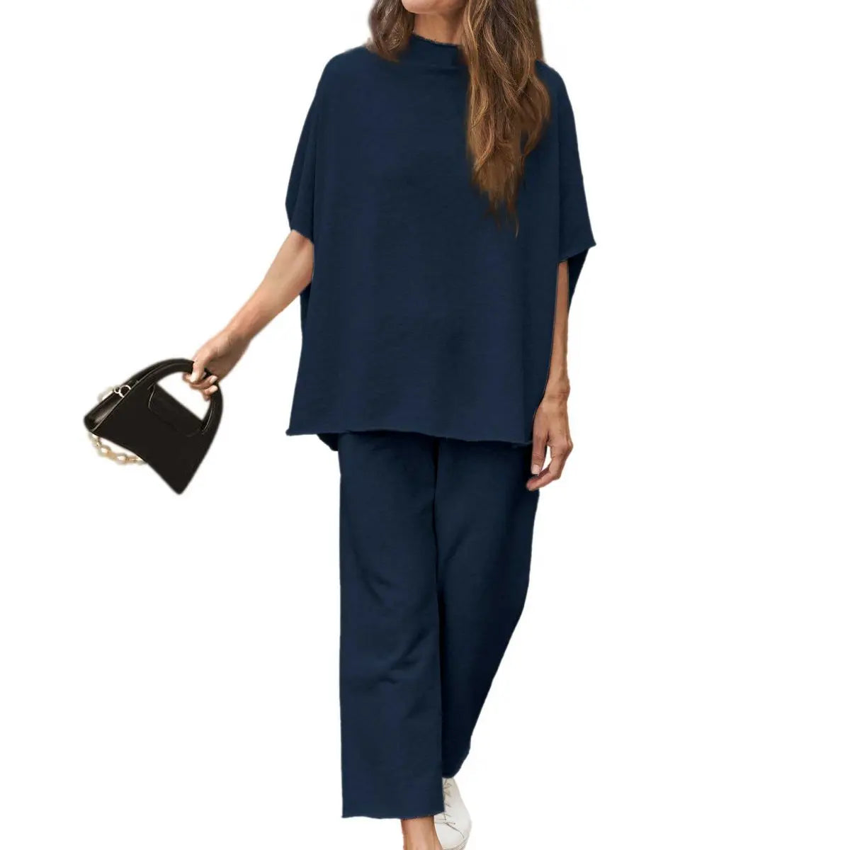 Hixiaohe Women's 2-Piece Casual Trendy Clothing Set - 3/4 Batwing Sleeve Capelet Crew Neck Pullover Top, Wide Leg Pants, Pocket Convenience, Travel-Friendly Sohochic Soft Women's Suits & Sets