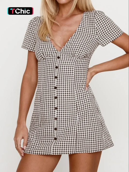 Women's Gingham Print Plaid Button Decor V Neck Dress, Casual Fashion Short Sleeve Dress for Daily Outdoor Wear, Ladies Clothes for Summer, Mini Dress, Summer Dresses