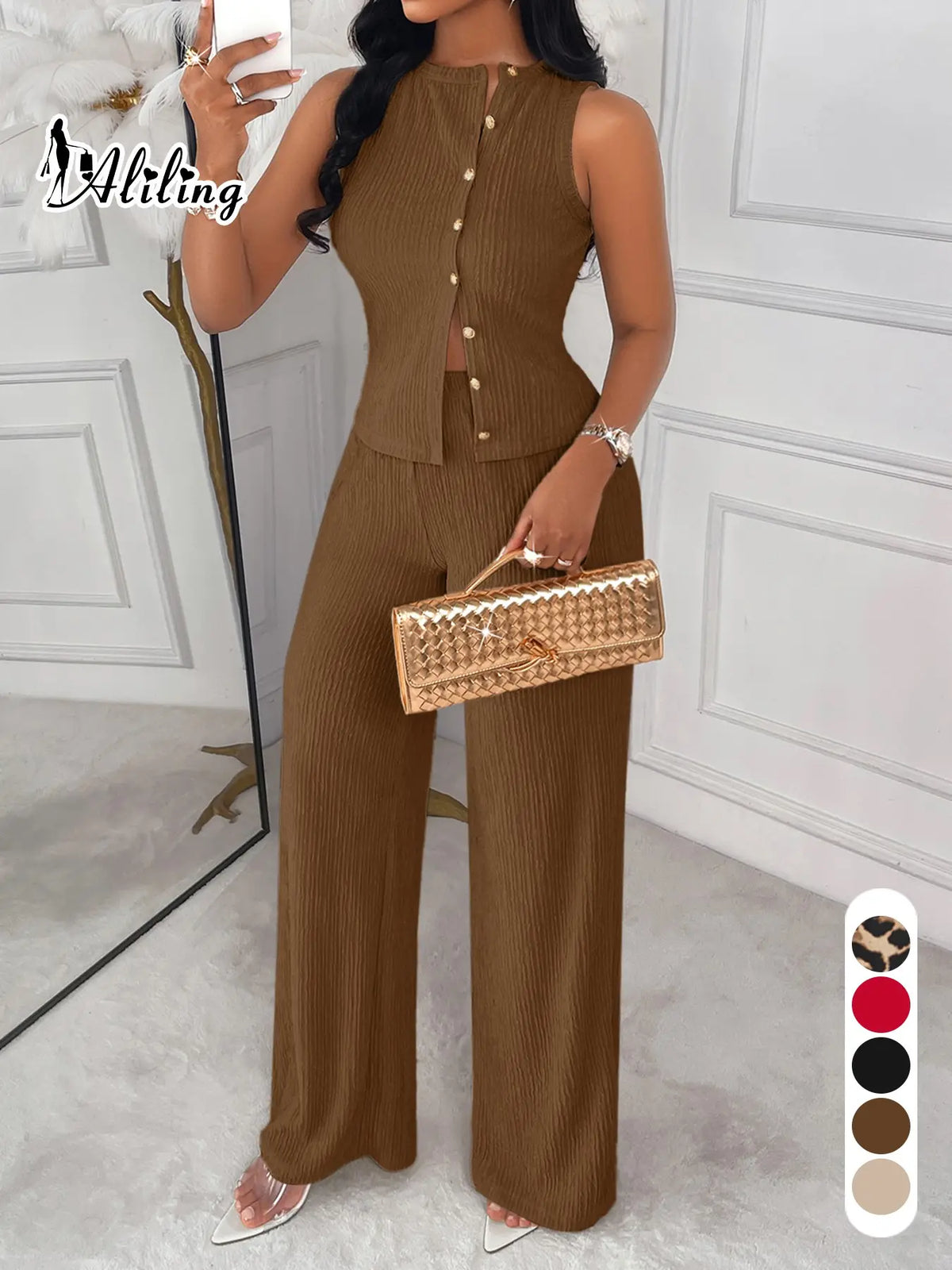 Women's Casual Minimalist Round Neck Studs Sleeveless Top and High Waist Wide-Leg Pants Two-Piece Set for Spring and Summer, Casual Streetwear Set, Plain Outfit, Outfits Set, Suits, Womenswear, Clothes