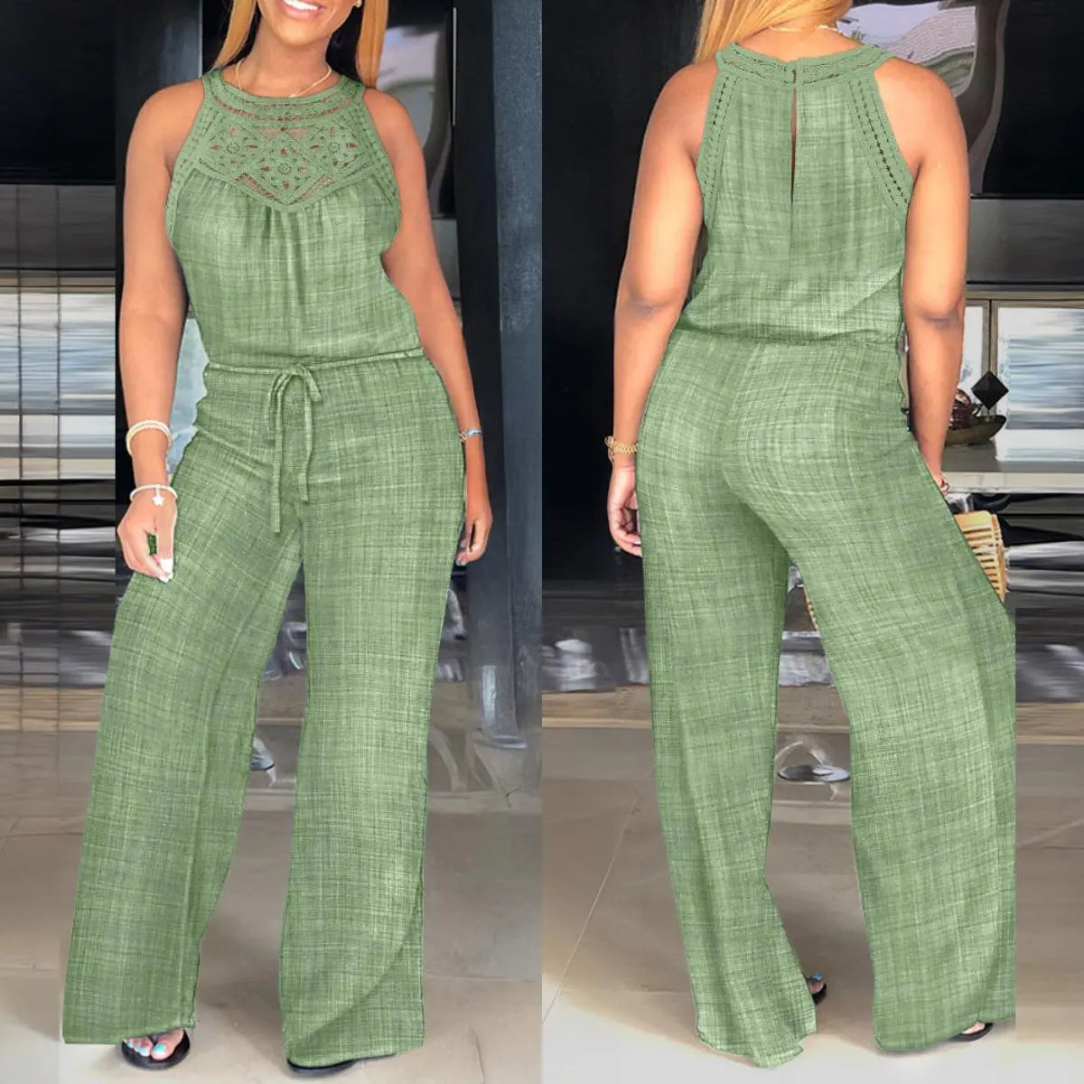 CHICME Lady's Basic Fit Sleeveless Polyester Jumpsuit - Overalls Style with Adjustable Straps and Drawstring for Day Trips, Everyday Wear,sohochic