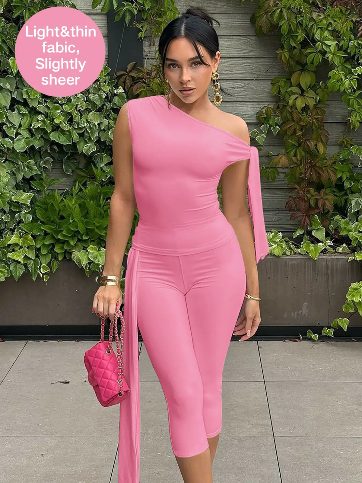 Women's Solid Asymmetrical Neck Knot Design Sleeveless Top & High-Waist Capri Pants Two-Piece Outfit, Elegant Chic Fashion Ruched Top & Skinny Trousers for Daily Outdoor Wear, Ladies' Summer Clothes