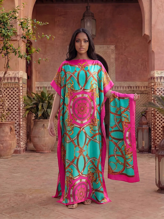 Elegant Dopamine Color Set, Boho Summer Chain Print Muumuu Long Dress Robe, Women's Sun Protection Satin Scarf Shawl