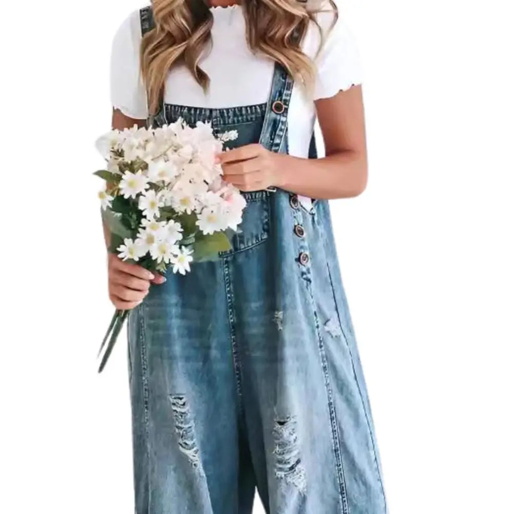 Ebossy Women's Minimalist Blue Loose Strappy Adjustable-Button Denim Coverall Bib Overalls - Ripped Wide Leg Baggy Jumpsuit, Casual Party Womenswear, Women's Clothing