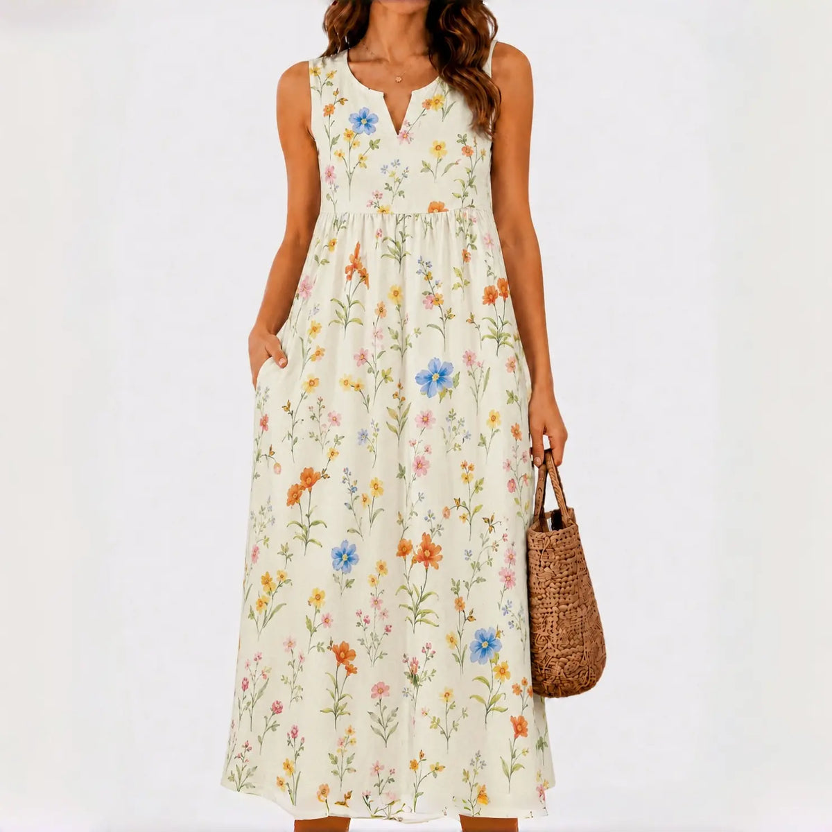 GLAMONIQUE Women's Brown Polka Dot H-Type Maxi Dress - Sleeveless V-Neck Spaghetti Strap, Lightweight Flowy, Side Slit, Adjustable Casual Wear for Outdoor, Vacation