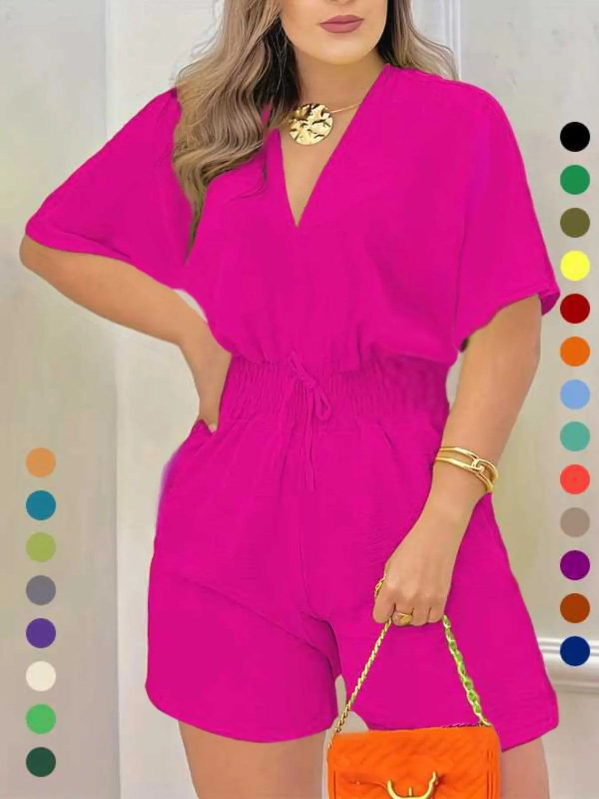 Women's Plain Drawstring Shirred Waist V Neck Romper, Casual Half Sleeve Zipper Back High Waist Romper for Summer, Fashion Women's Clothing for Daily Wear, Casual Rompers