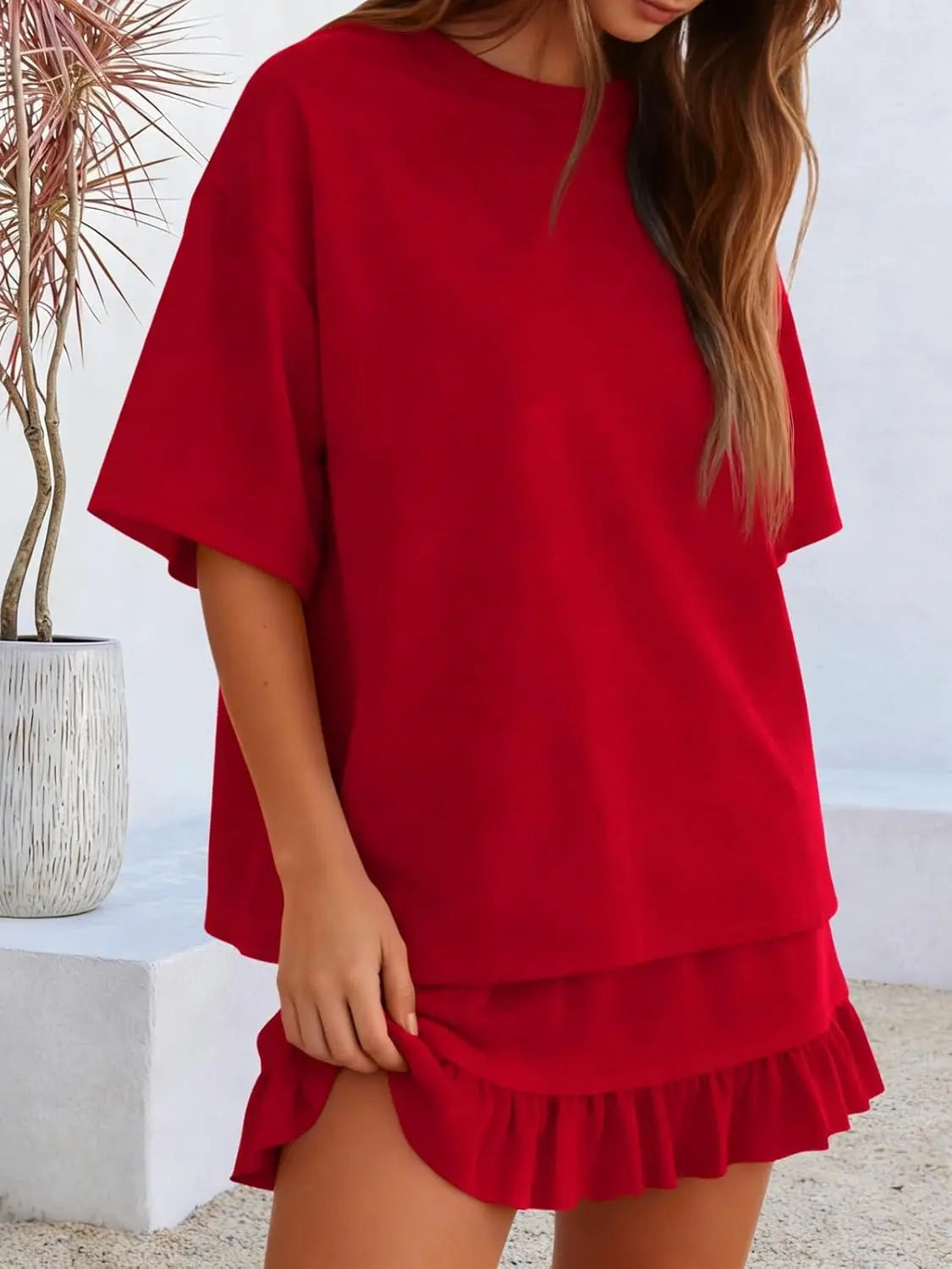Yousify Women's 2-Piece Set, Casual Half-Sleeve Crew Neck Top & Basic Mini Skirt, Coordinated Summer Vacation Matching Sets for Women, Fashion Apparel