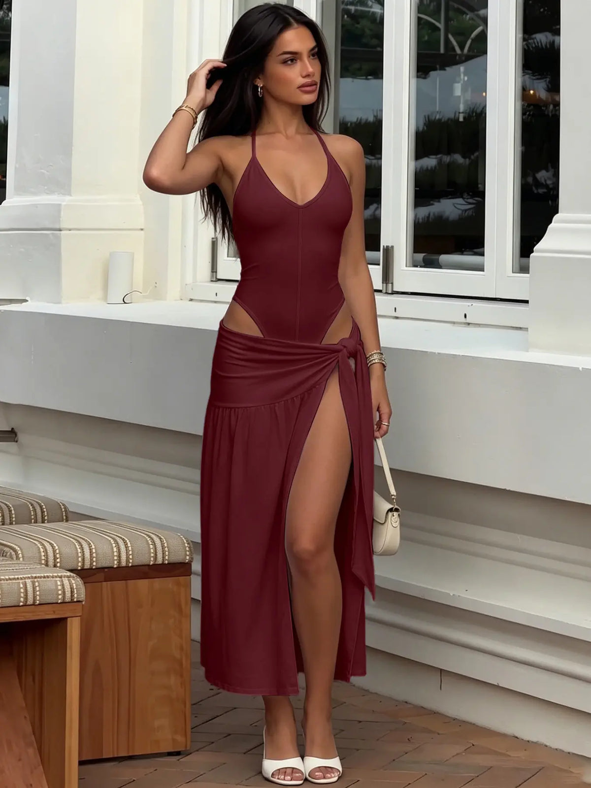 Women's Solid Backless Sleeveless Cami Bodysuit & Split Thigh Skirt Two-piece Set, Sexy Fashion Casual Halter Neck Bodysuit & Tie Front Pleated Skirt for Daily Outdoor Wear, Ladies Clothes for All Seasons Summer Suits, Chic Matching Skirt Set