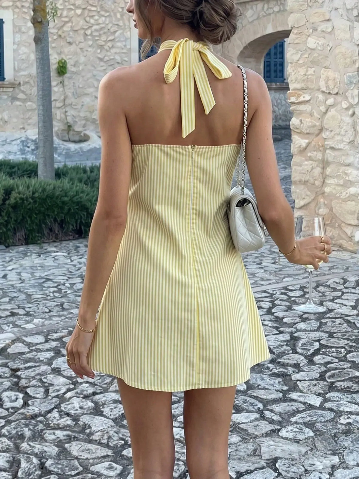 Women's Striped Halter Dress, Hollow Out Knot Tie Design, Short Sleeveless, Stripe Pattern, Beach Style, Summer Tank Dress