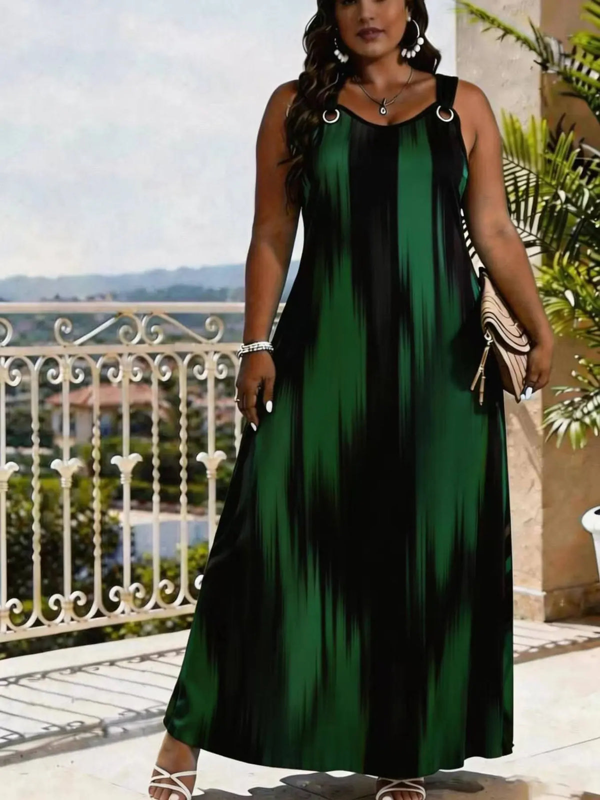 Elegant V-Neck Sleeveless Summer Maxi Dress for Women, Fashion Casual Wear, Striped Print Long Dress, Wide Strap & O-Ring Design, Perfect for Beach, Party and Daily Wear